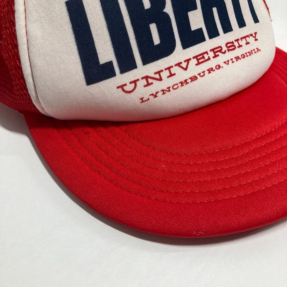 Vintage Liberty University Trucker Cap‎ Hat White Red Mesh Snapback  STAIN